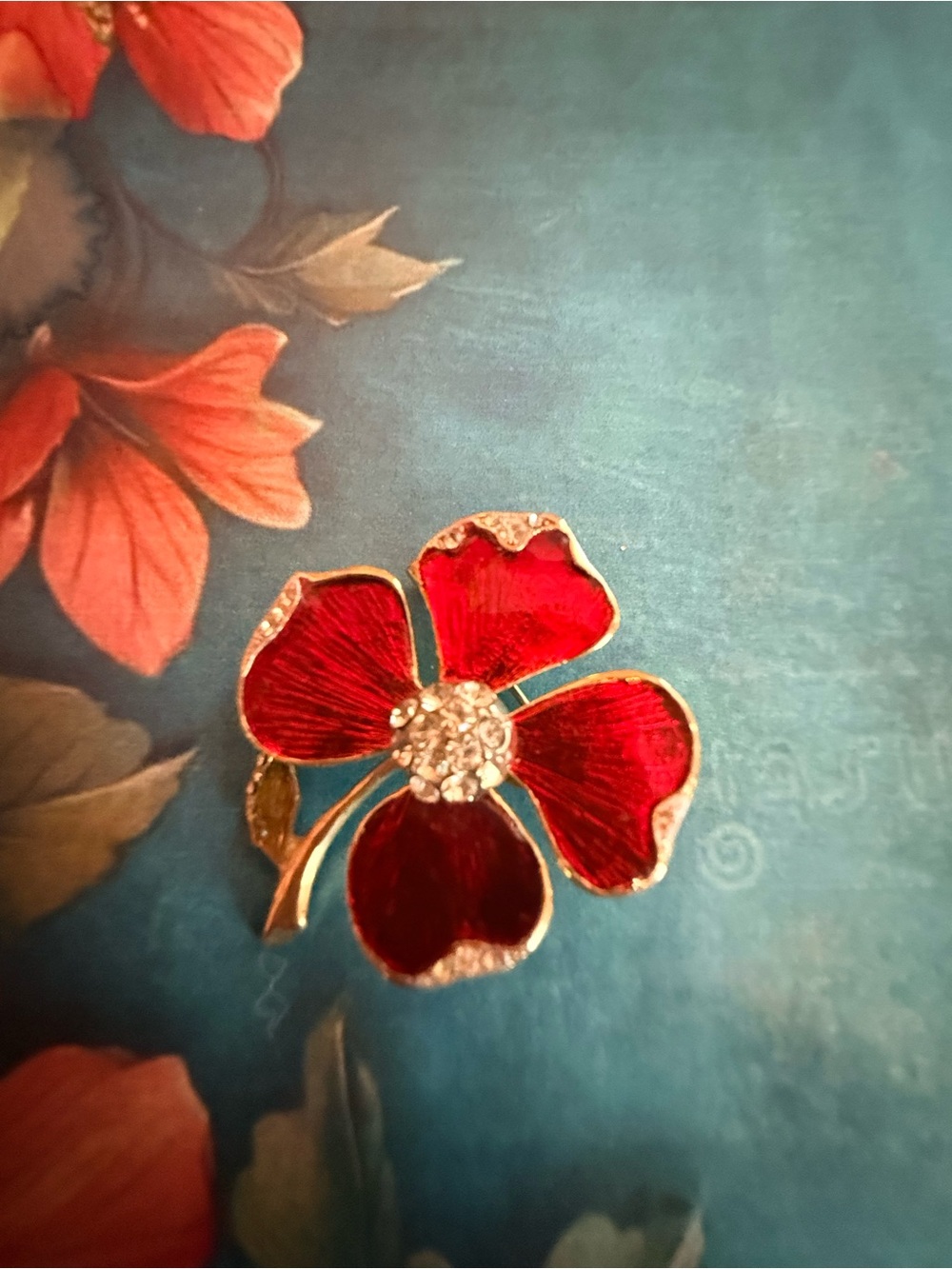 Red Enamel Flower Brooch with Crystal Center - Women Jewelry